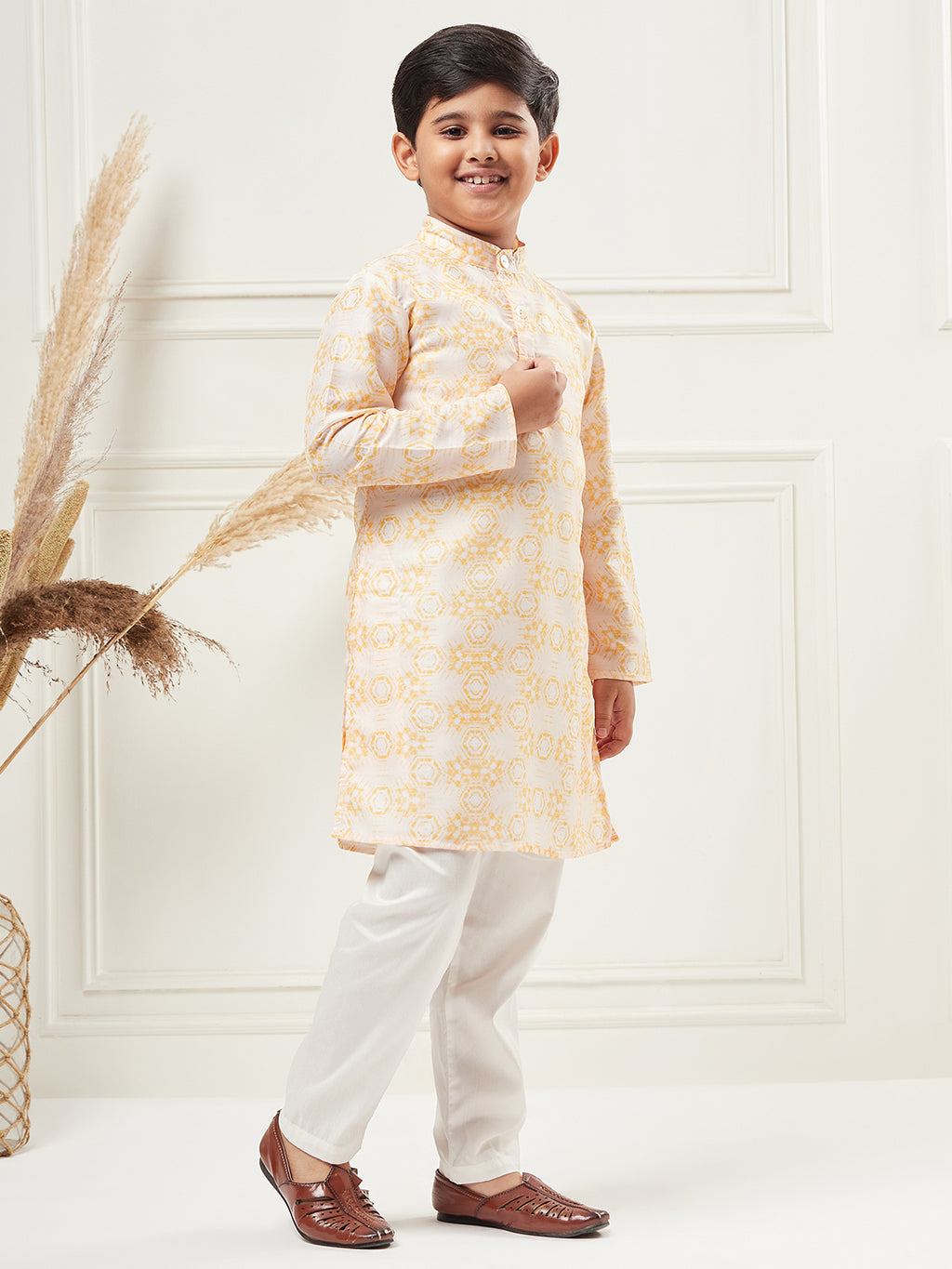 Boys Above Knee All over print Kurta Set - Yellow