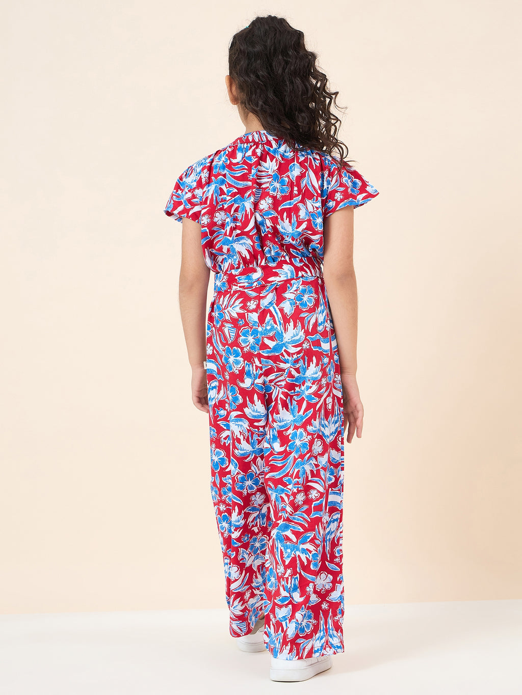 Girls Ankle Length All over Print Jumpsuit - Red