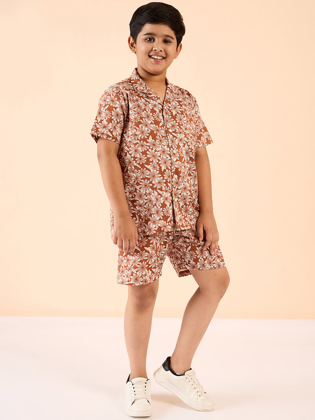 Boys Above Knee Printed Shirt with Shorts - Brown