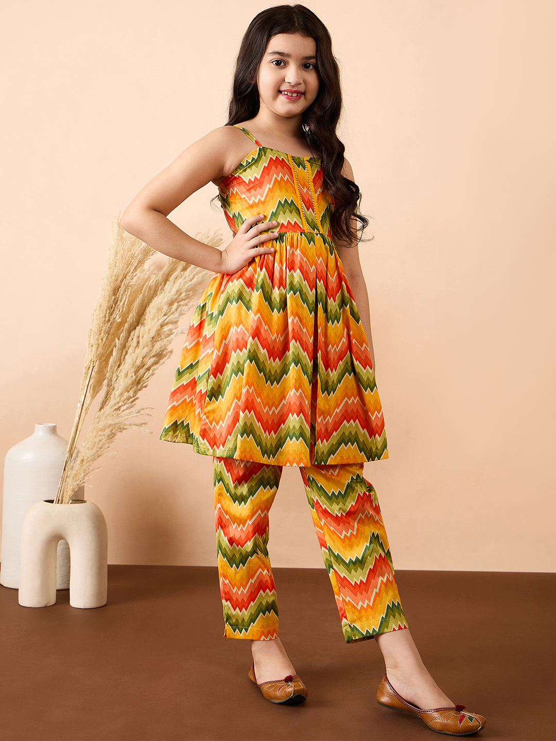 Girls Ankle Length All over Print Kurti Set - Multi