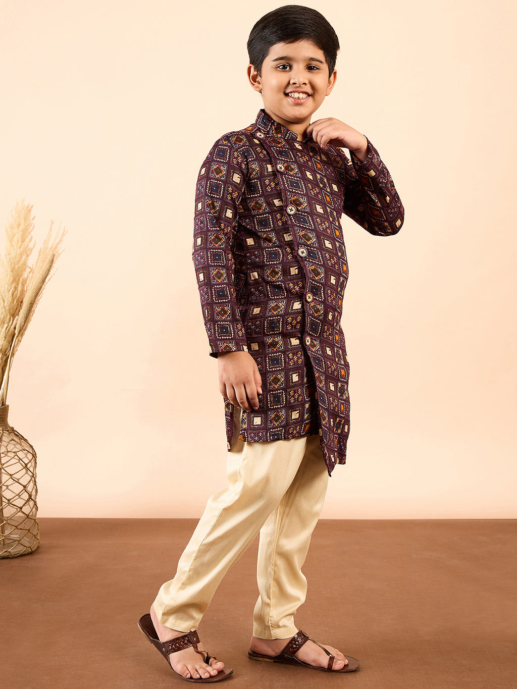 Boys Knee Length Printed Kurta Set - Brown