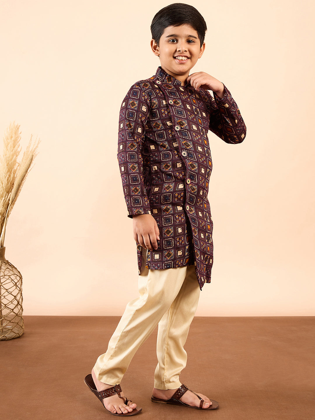 Boys Knee Length Printed Kurta Set - Brown
