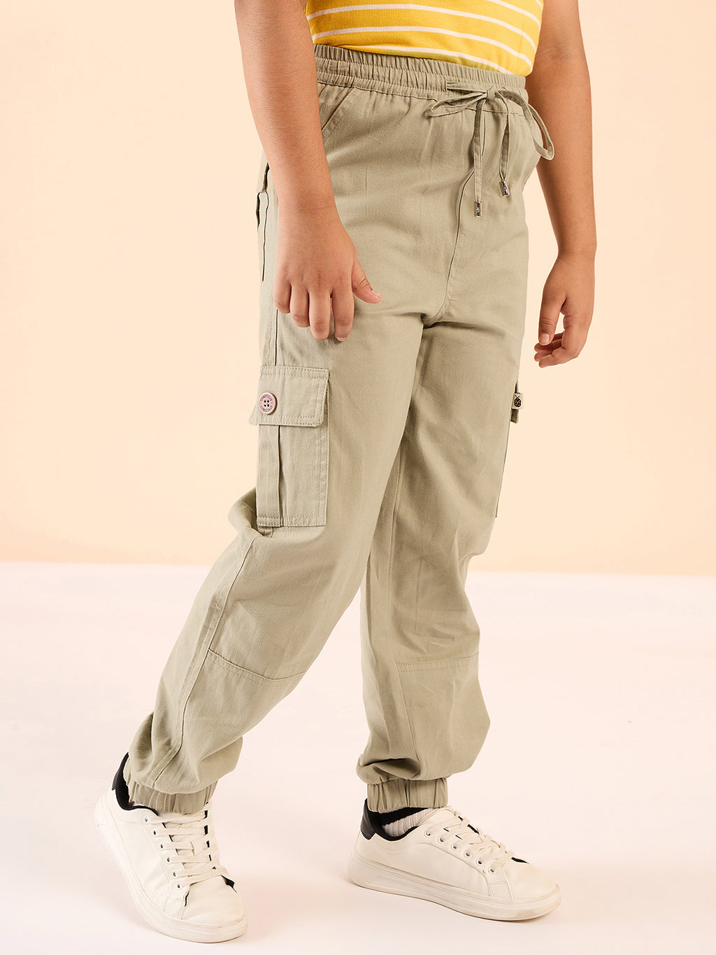 Boys Ankle Length Solid Cargo Pants - Beige
