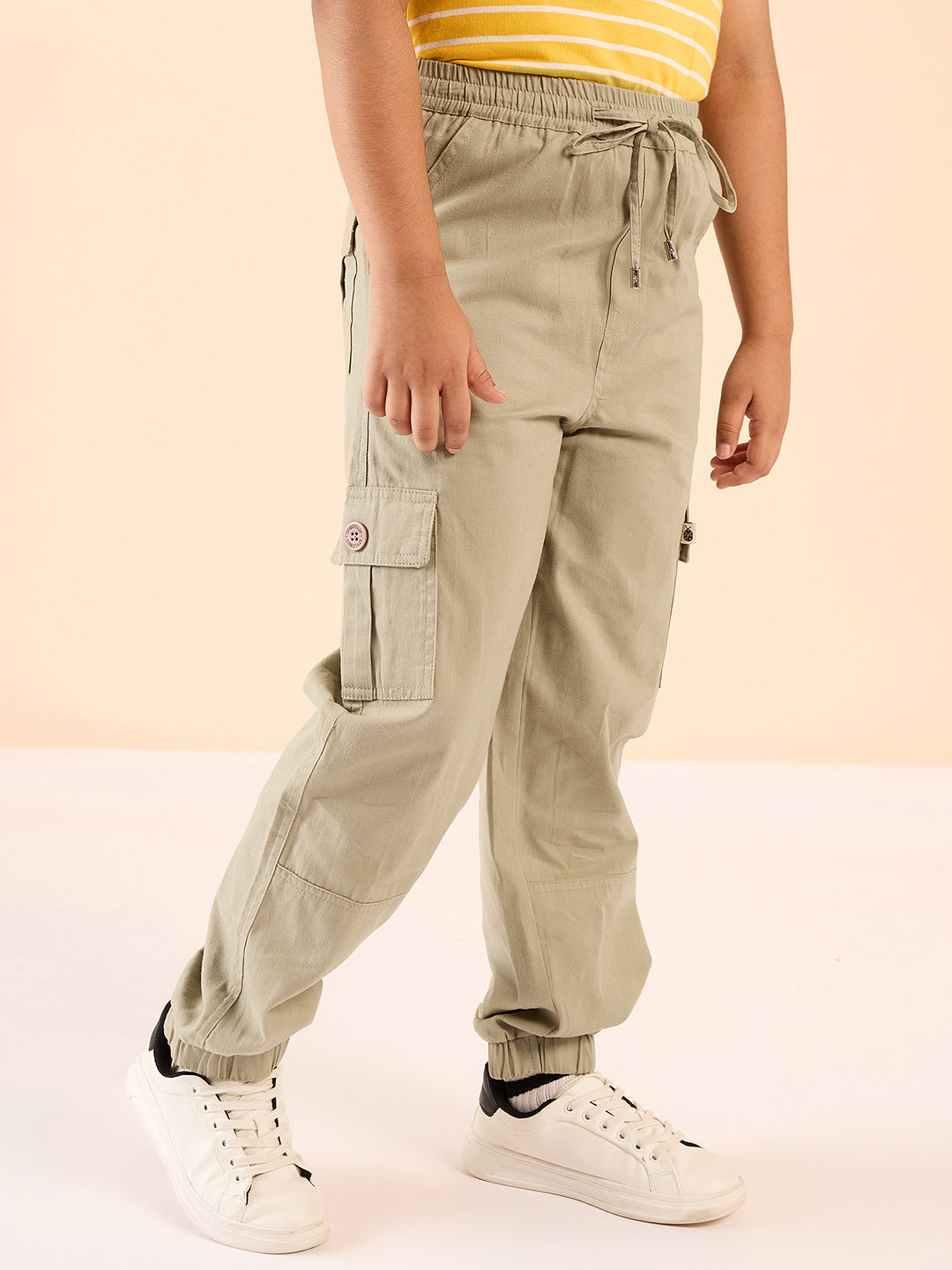 Boys Ankle Length Solid Cargo Pants - Beige