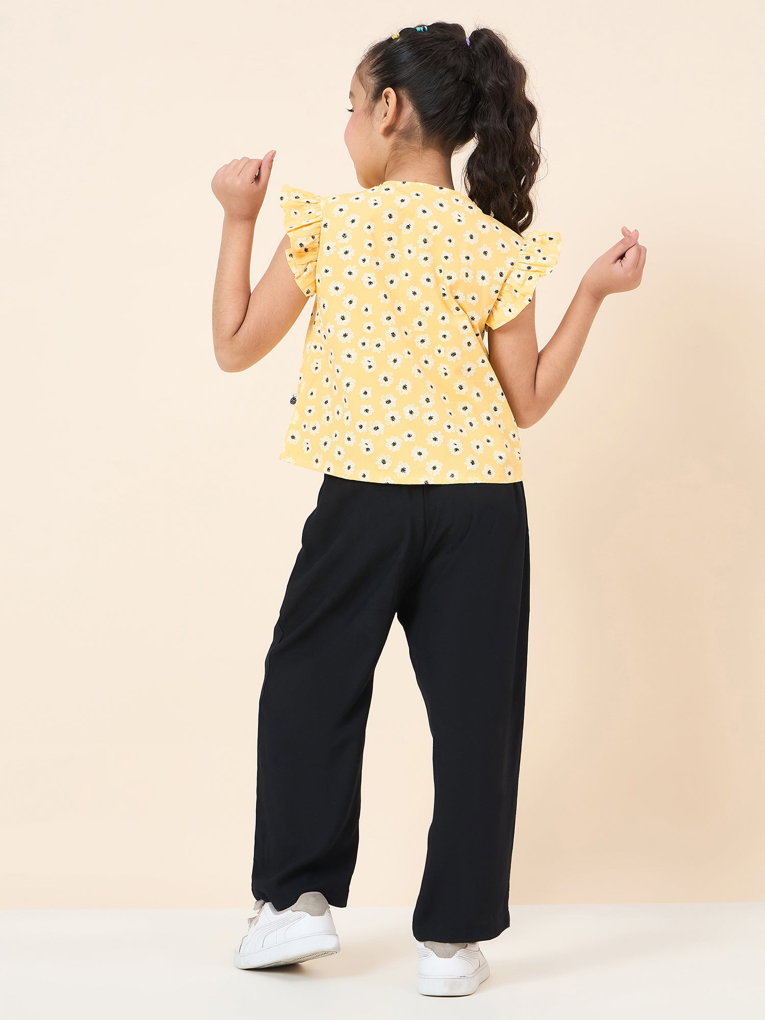 Girls Ankle Length All over Print Top With Pants - Yellow