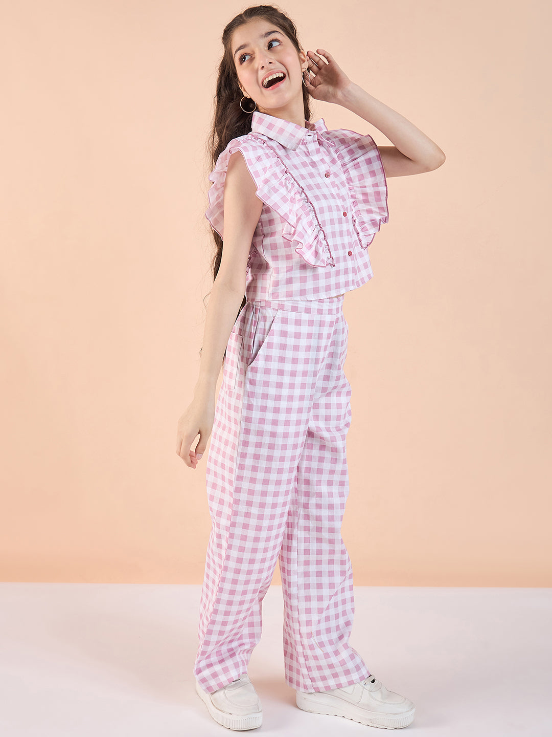 Girls Hip length Printed Top With Pants - Pink