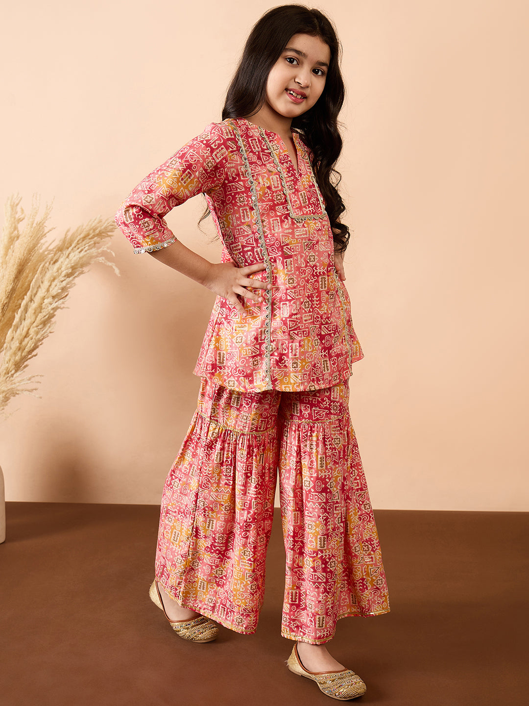 Girls Ankle Length All over Print Kurti Set - Peach