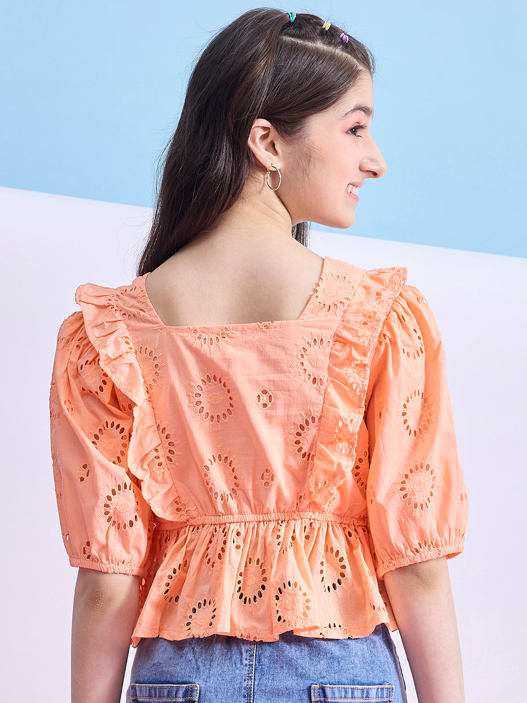Girls Waist Length Embroidery Top - Peach