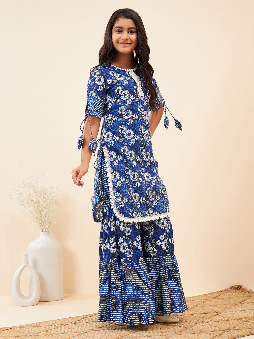 Girls Ankle Length Printed Kurti Set - Navy Blue