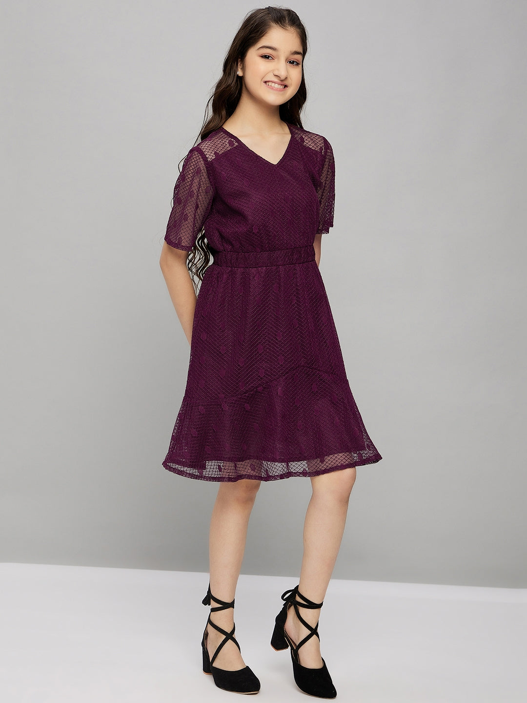 Girls Knee Length Solid Dress - Maroon