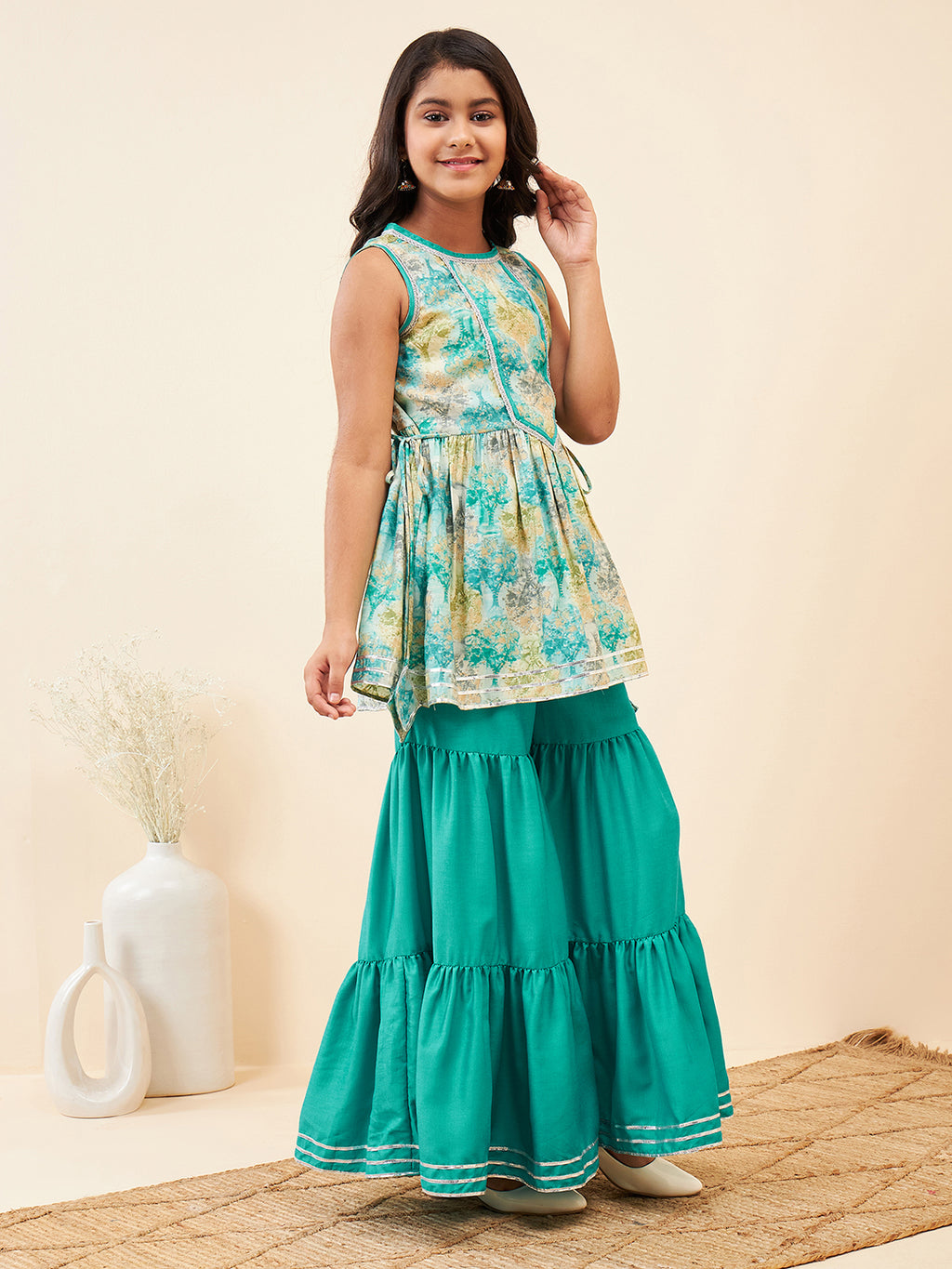 Girls Ankle Length Printed Kurti Set - Green