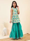 Girls Ankle Length Printed Kurti Set - Green