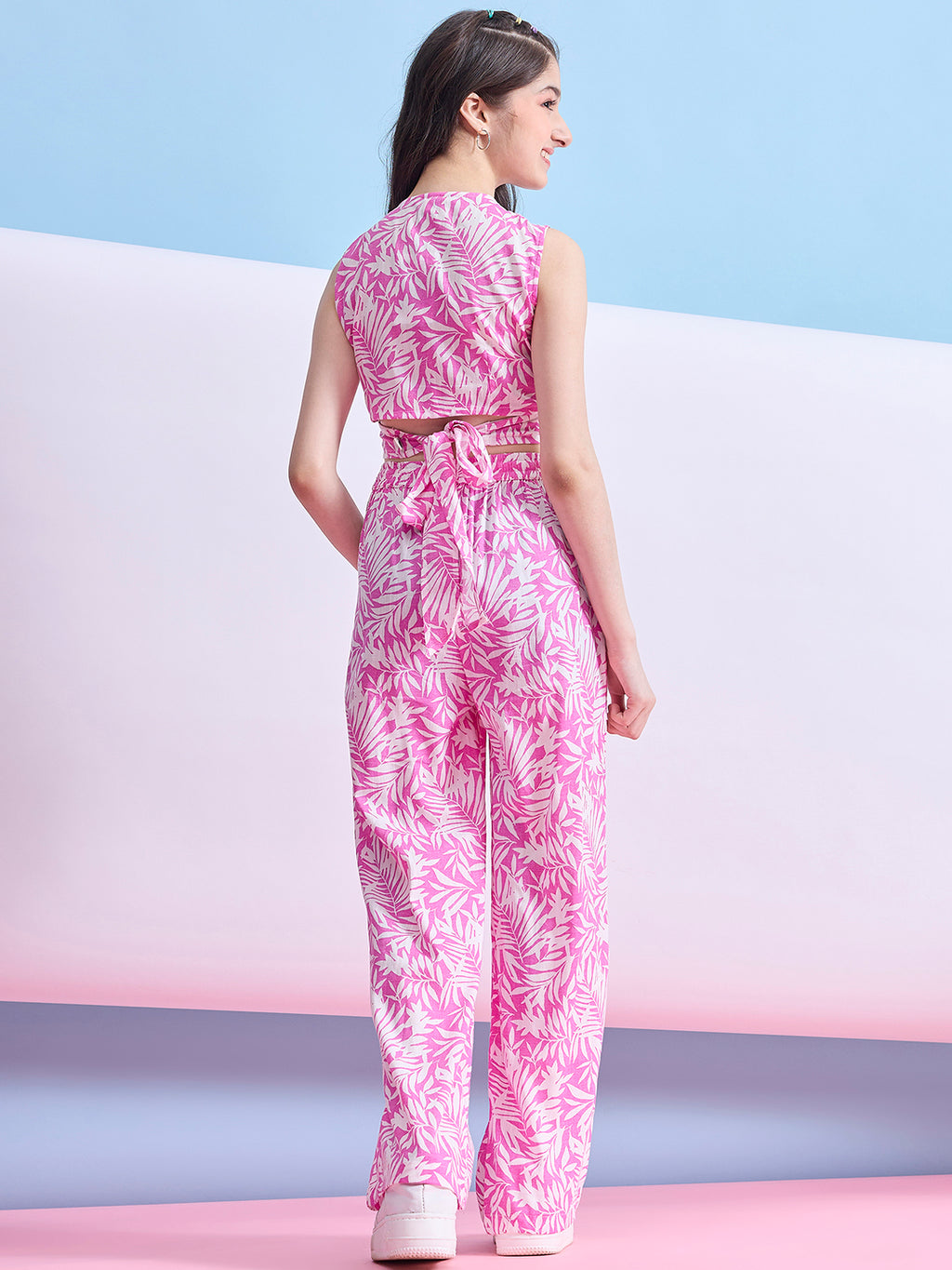 Girls Ankle Length Printed Top With Pants - Pink