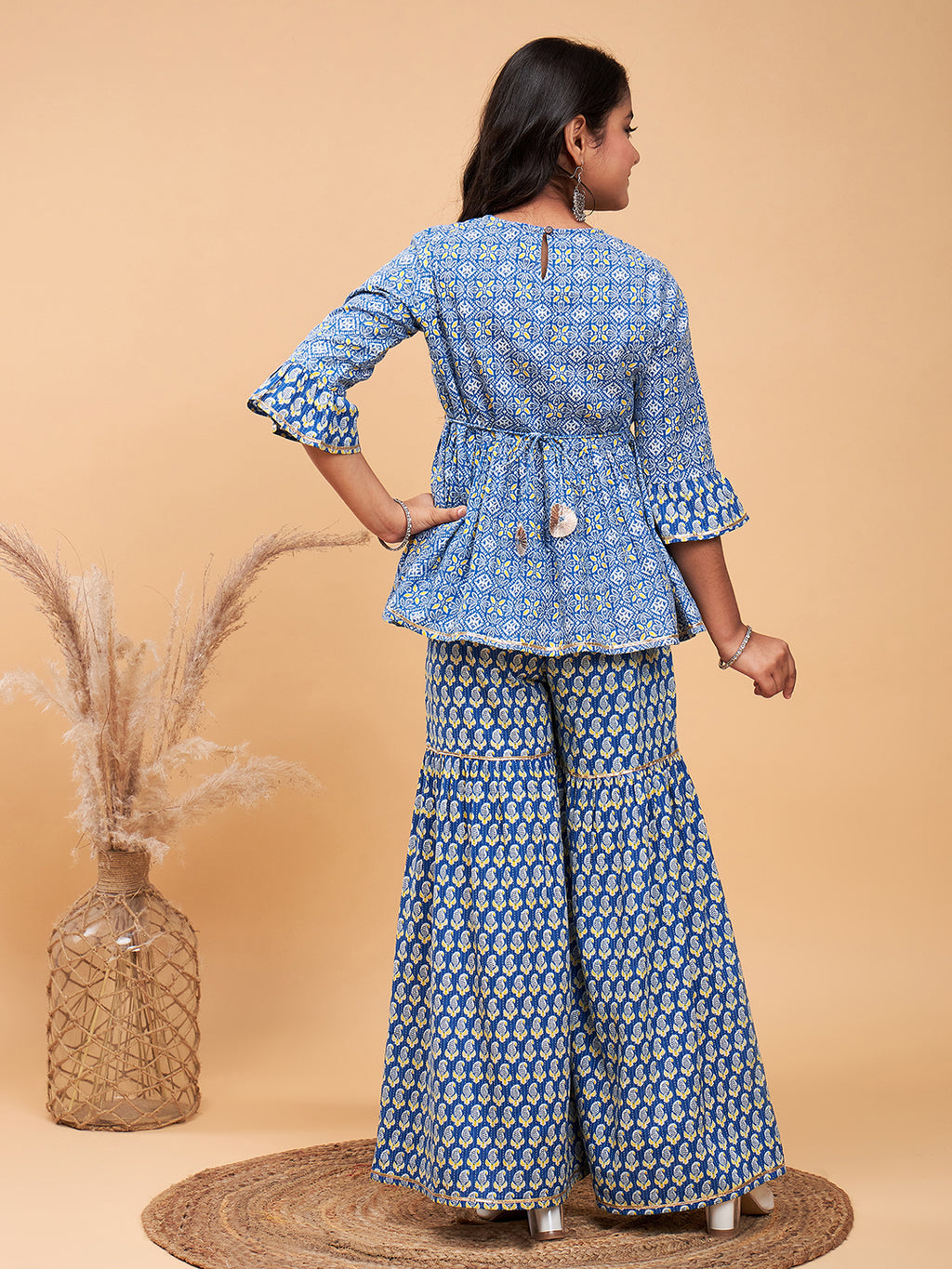 Girls Above Knee Printed Kurti Set - Blue