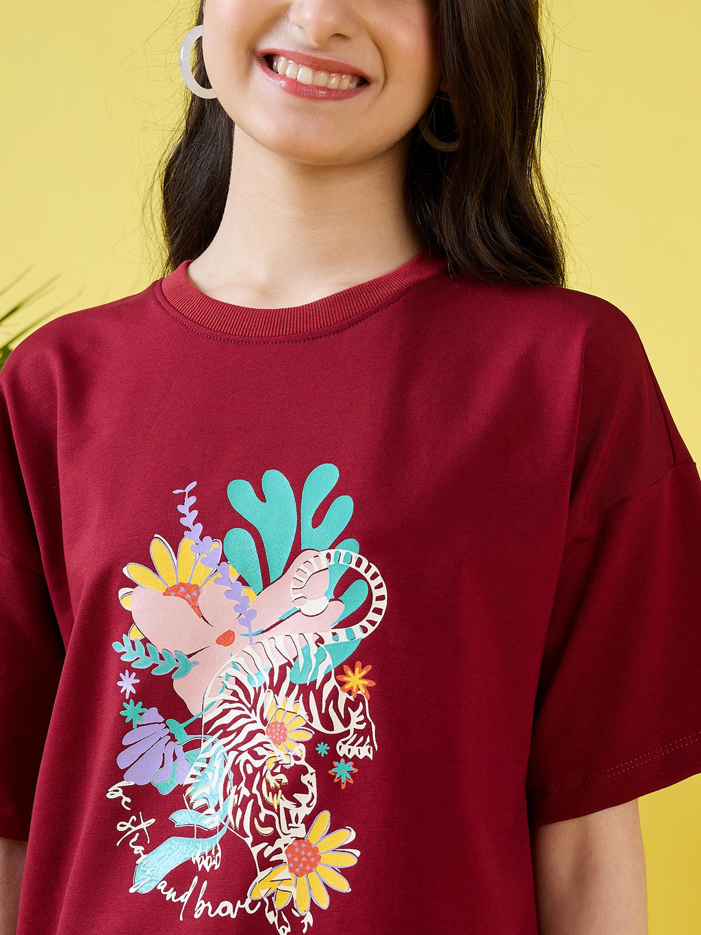 Girls Hip length Printed T-shirt - Maroon