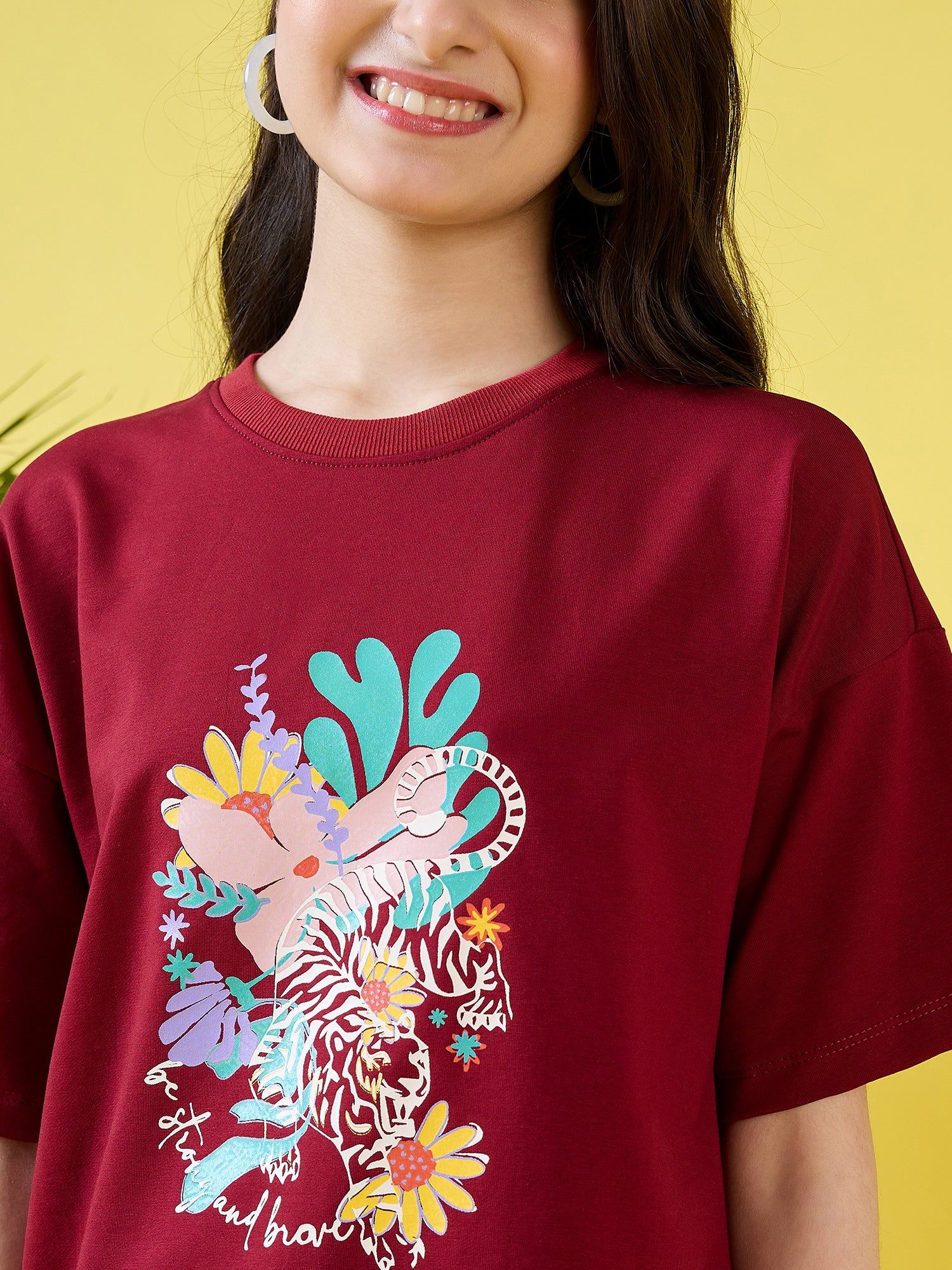 Girls Hip length Printed T-shirt - Maroon