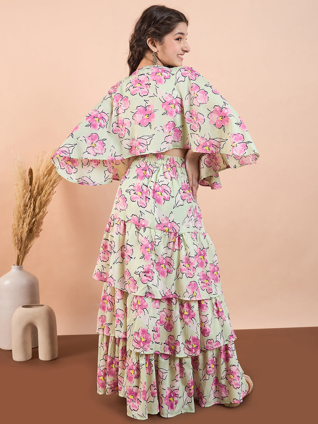 Girls Ankle Length Printed Lehenga Choli - Green