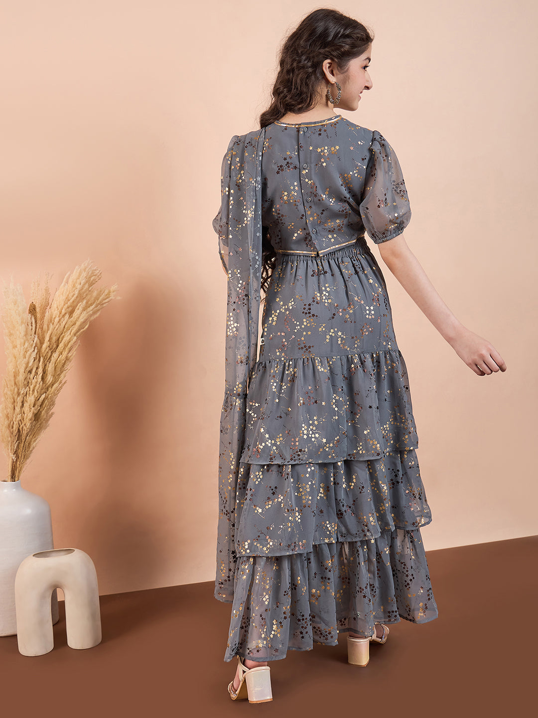 Girls Ankle Length Printed Lehenga Choli - Grey