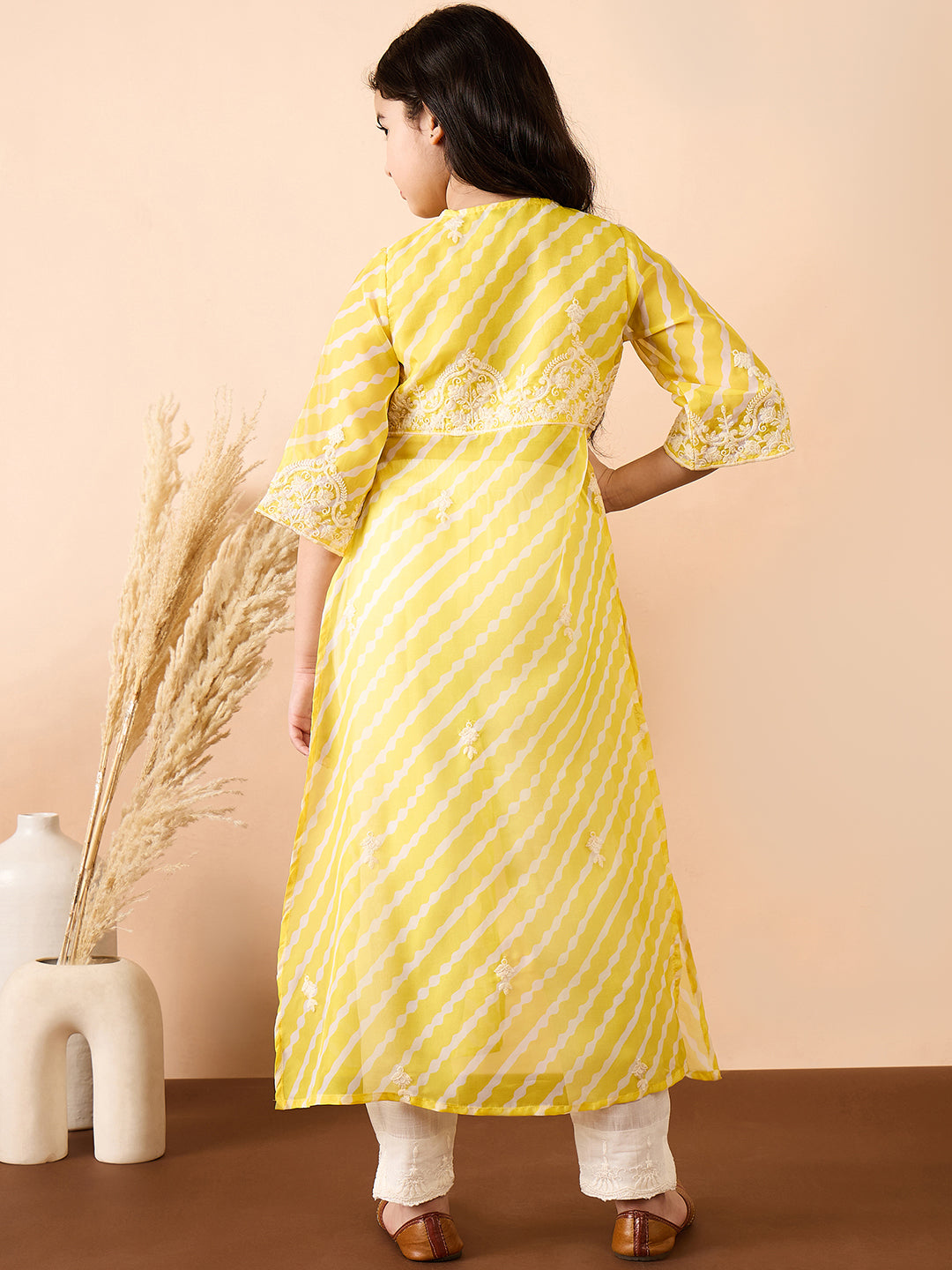 Girls Calf Length Printed Kurti Set - Yellow