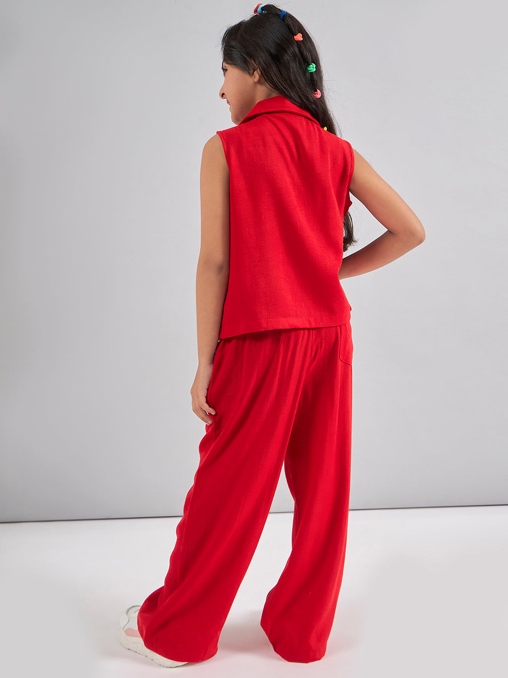 Girls Ankle Length Solid Top With Pants - Red
