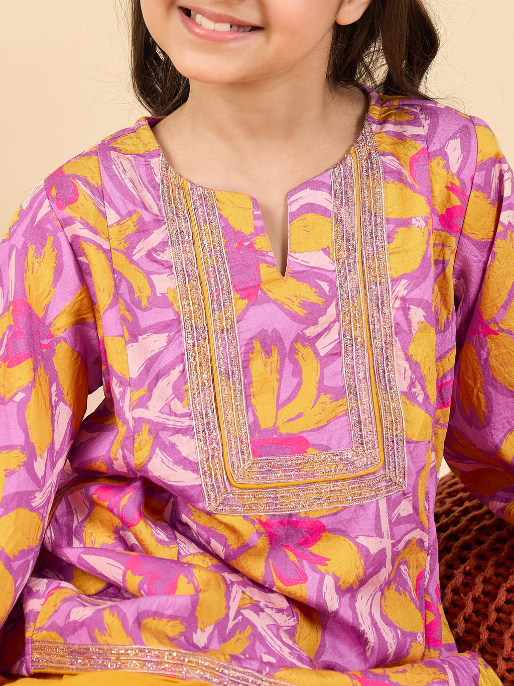 Girls Above Knee All over Print Kurti Set - Lavender