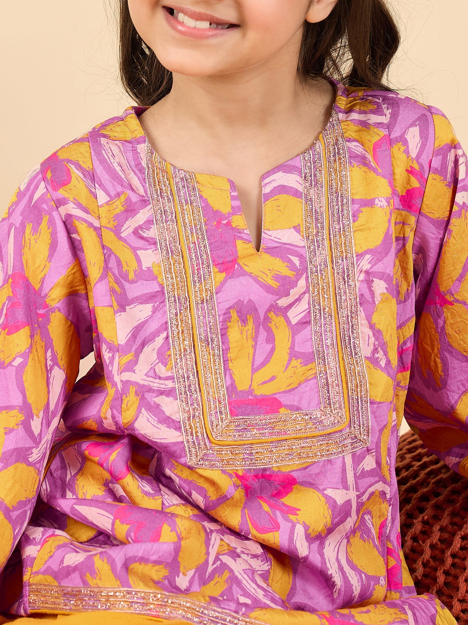 Girls Above Knee All over Print Kurti Set - Lavender