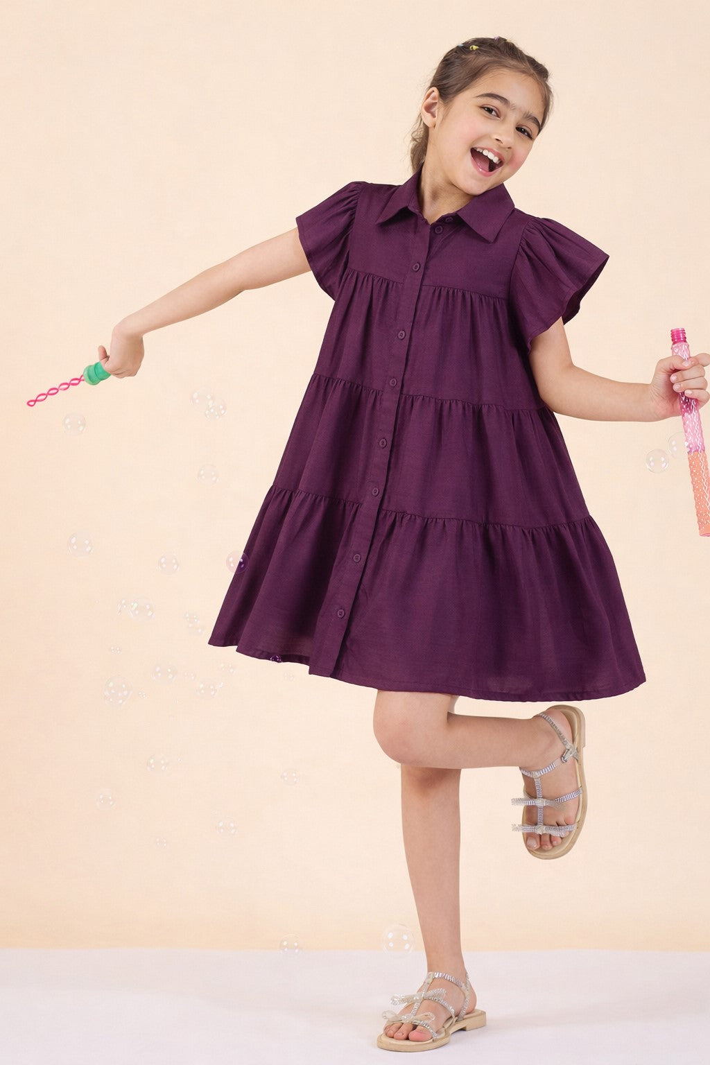 Girls Knee Length Solid Dress - Purple