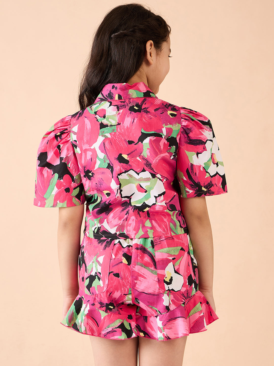 Girls Mid Thigh Printed Top with Shorts - Pink