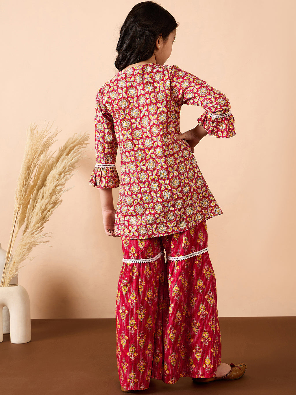 Girls Ankle Length All over Print Kurti Set - Red