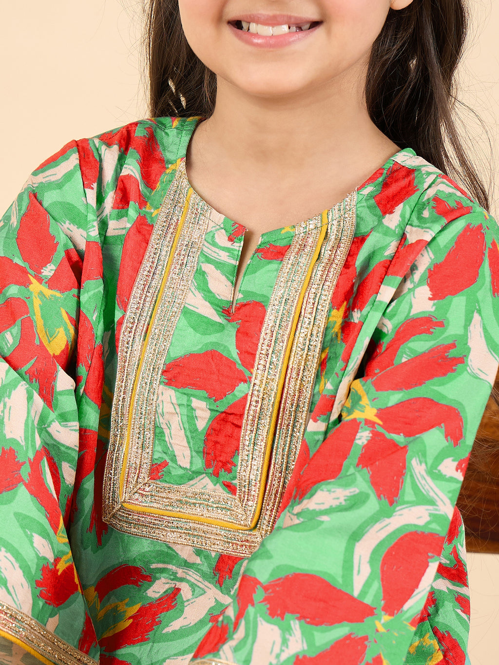 Girls Above Knee All over Print Kurti Set - Green