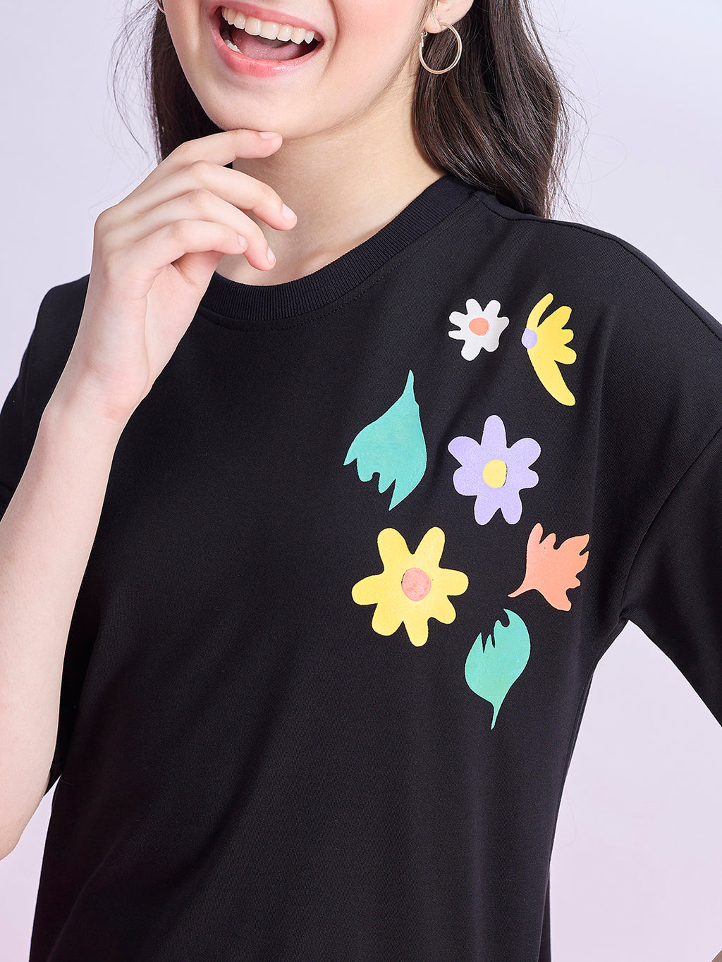 Girls Hip length Printed T-shirt - Black