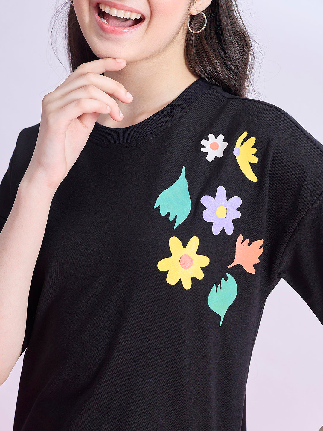 Girls Hip length Printed T-shirt - Black