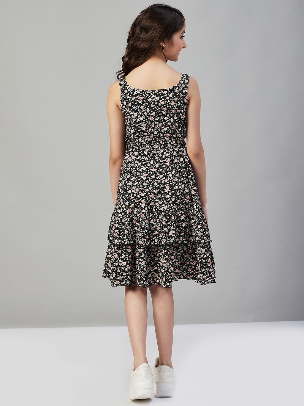 Girls knee length Printed Dress - Black