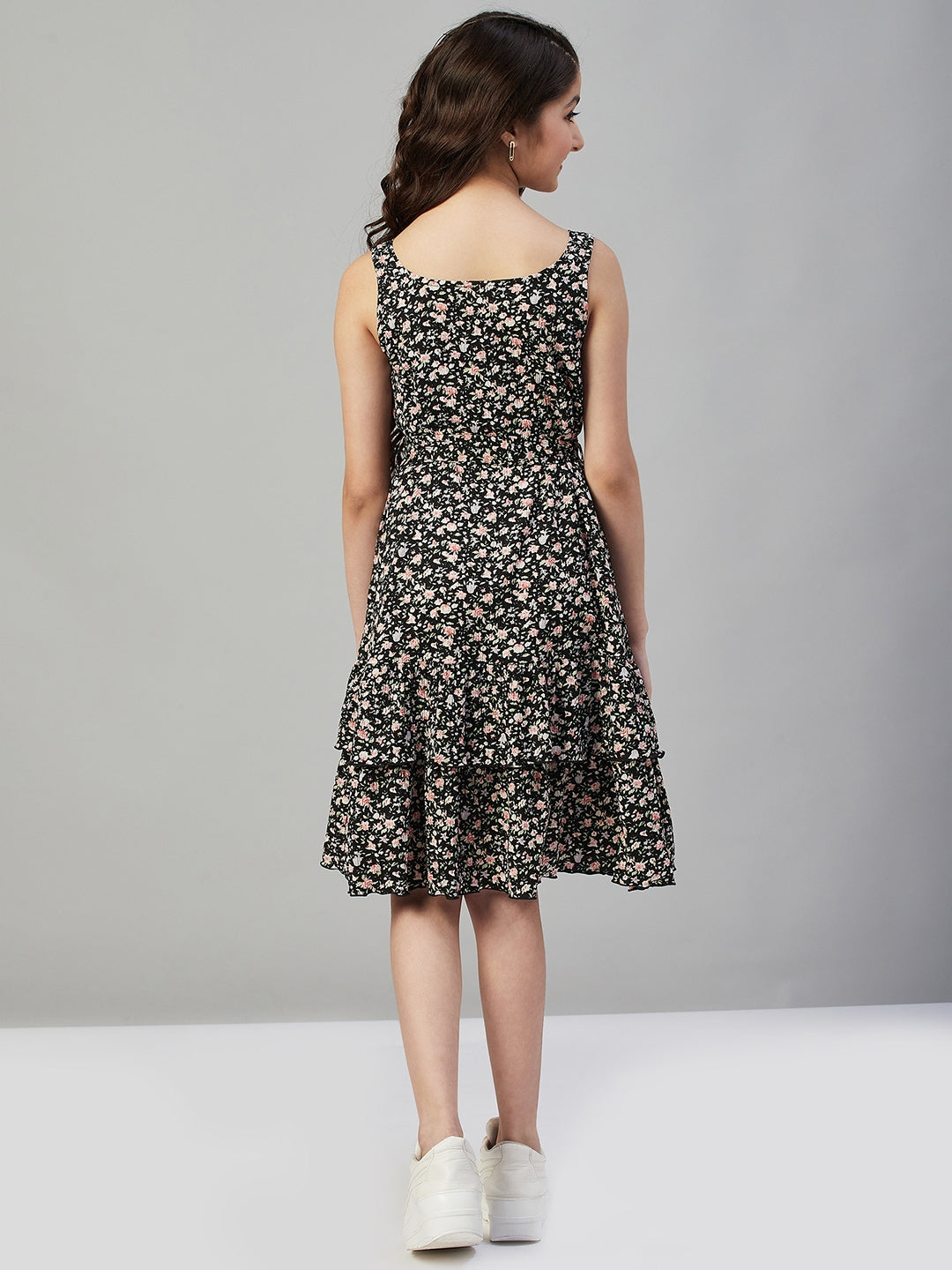 Girls knee length Printed Dress - Black