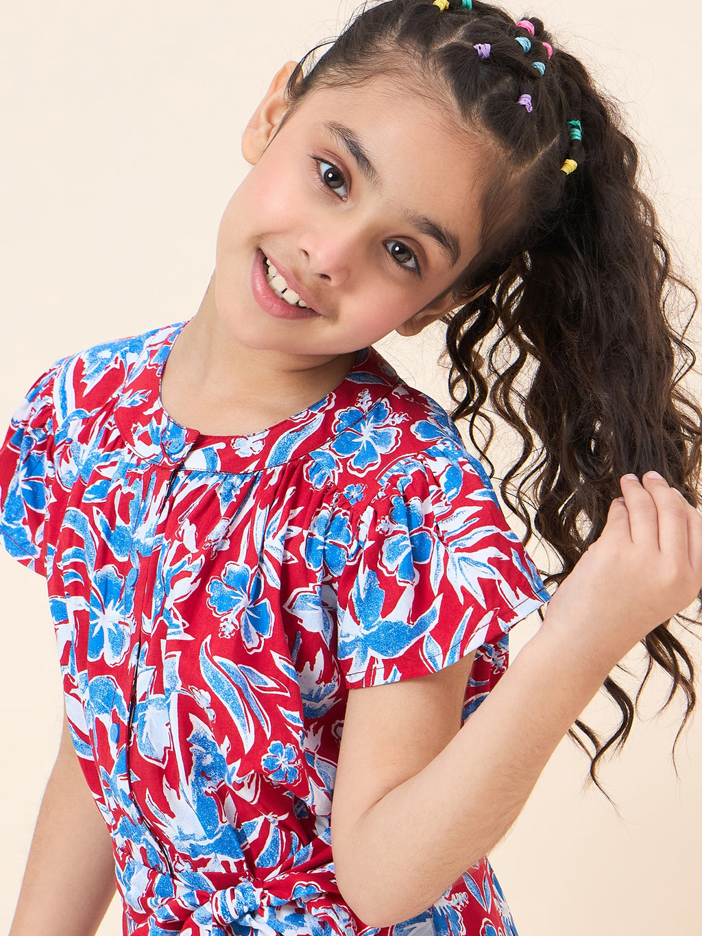 Girls Ankle Length All over Print Jumpsuit - Red