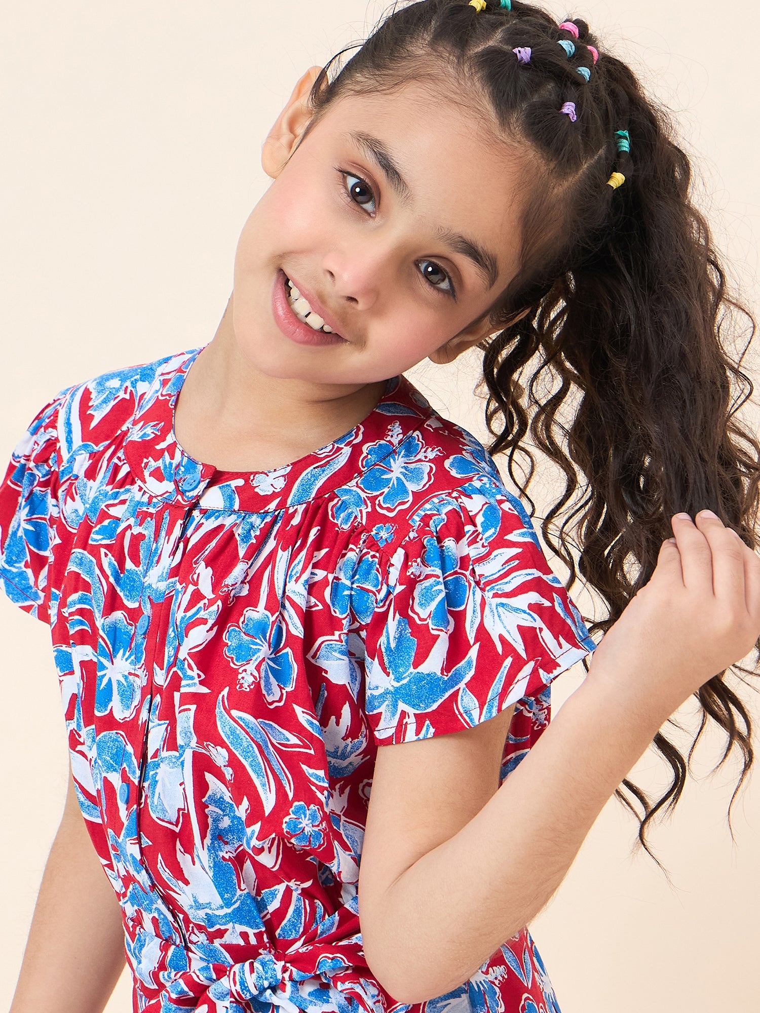 Girls Ankle Length All over Print Jumpsuit - Red