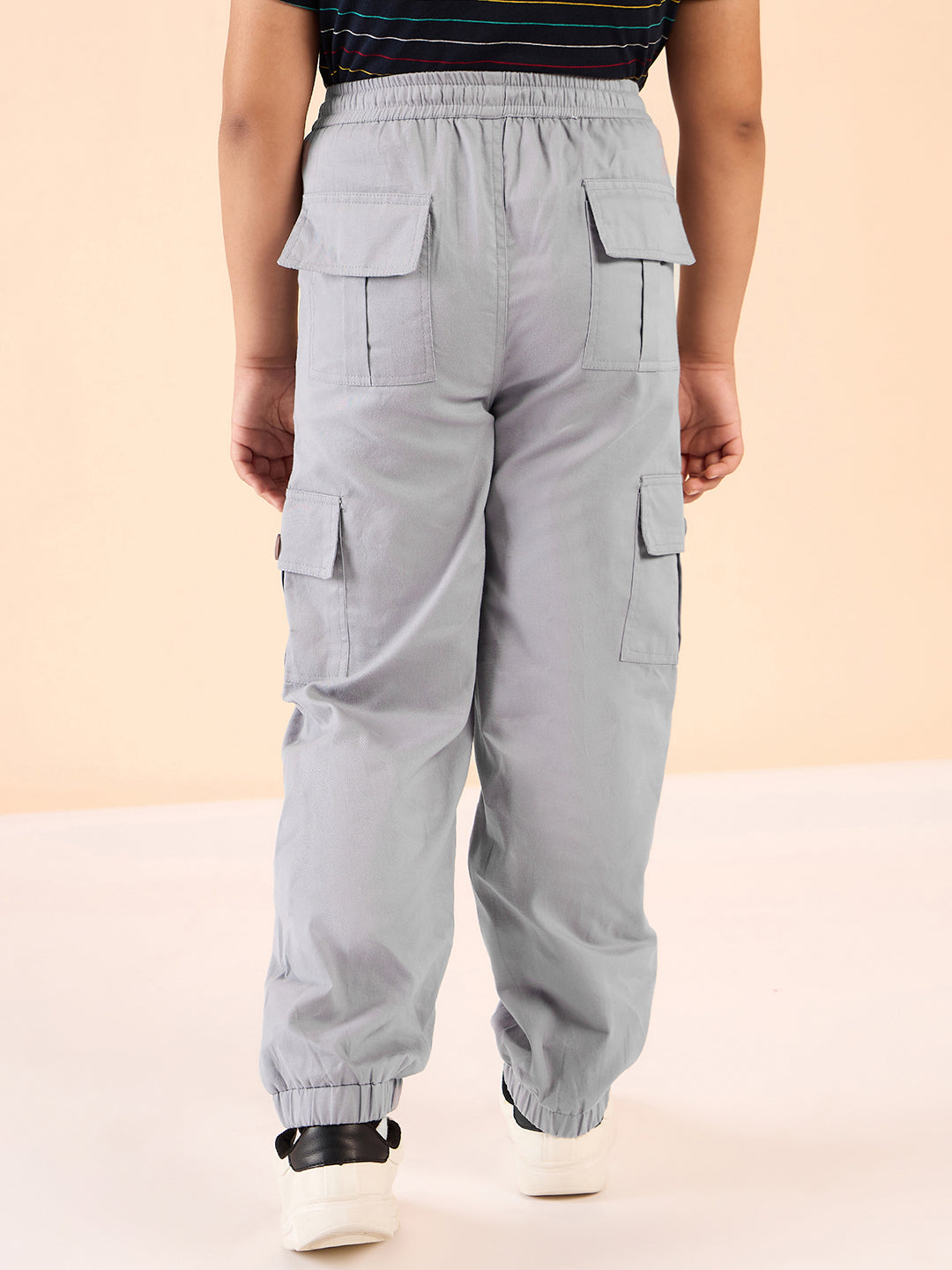 Boys Ankle Length Solid Cargo Pants - Grey