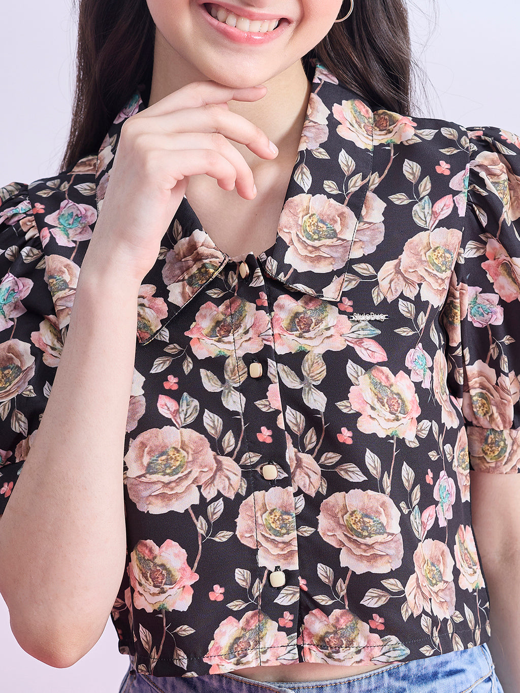 Girls Waist Length Printed Top - Black