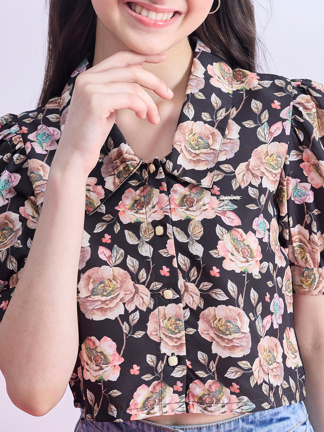 Girls Waist Length Printed Top - Black