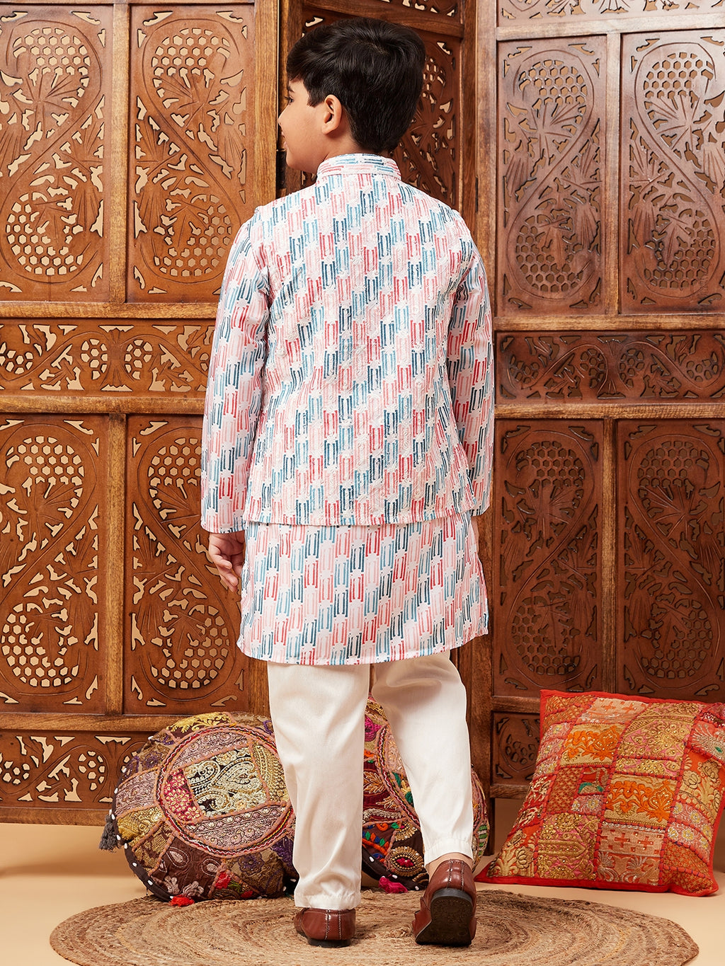 Boys Above Knee Embroidery Kurta Set with Jacket - Multi