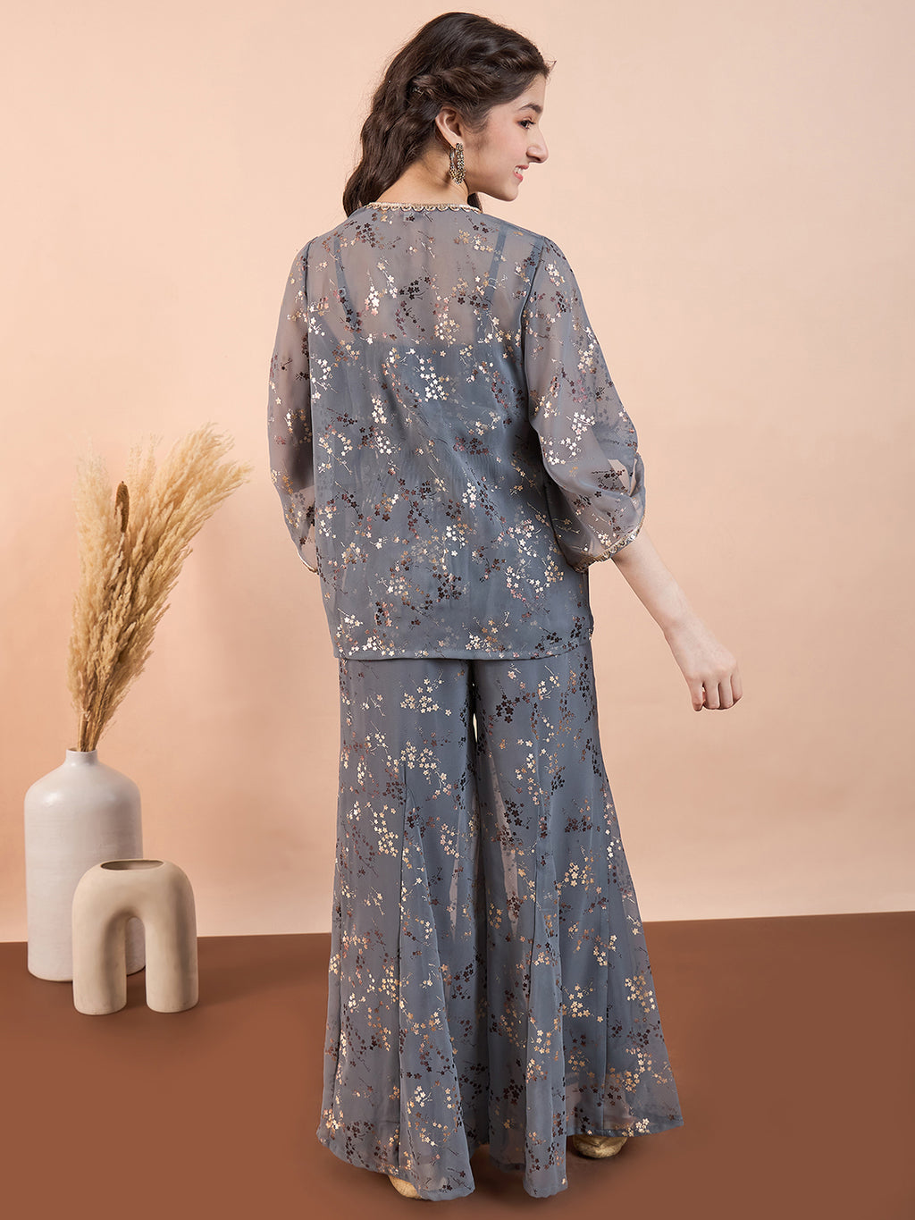 Girls Ankle Length Printed Kurti Set - Grey