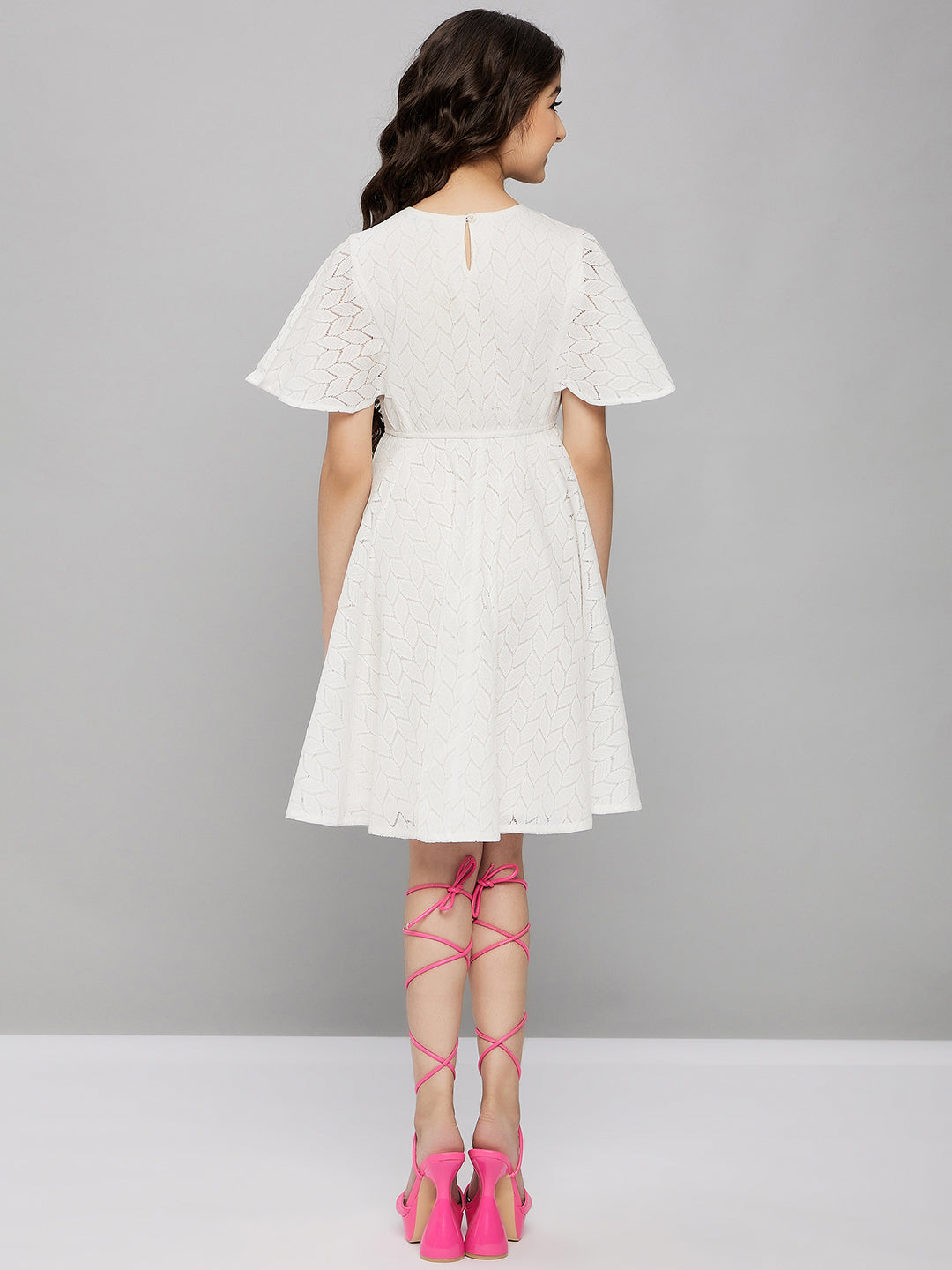 Girls Knee Length Solid Dress - Off-White