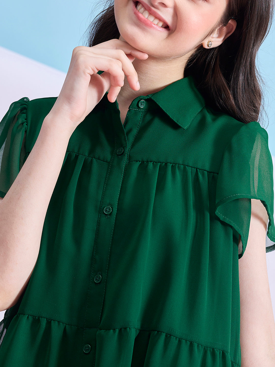 Girls Above Knee Solid Dress - Green