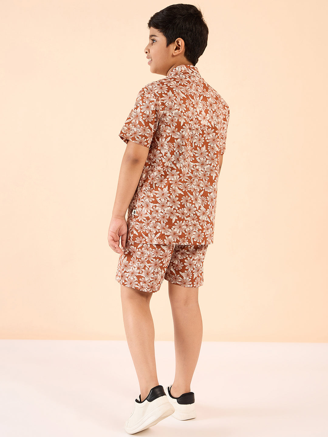 Boys Above Knee Printed Shirt with Shorts - Brown