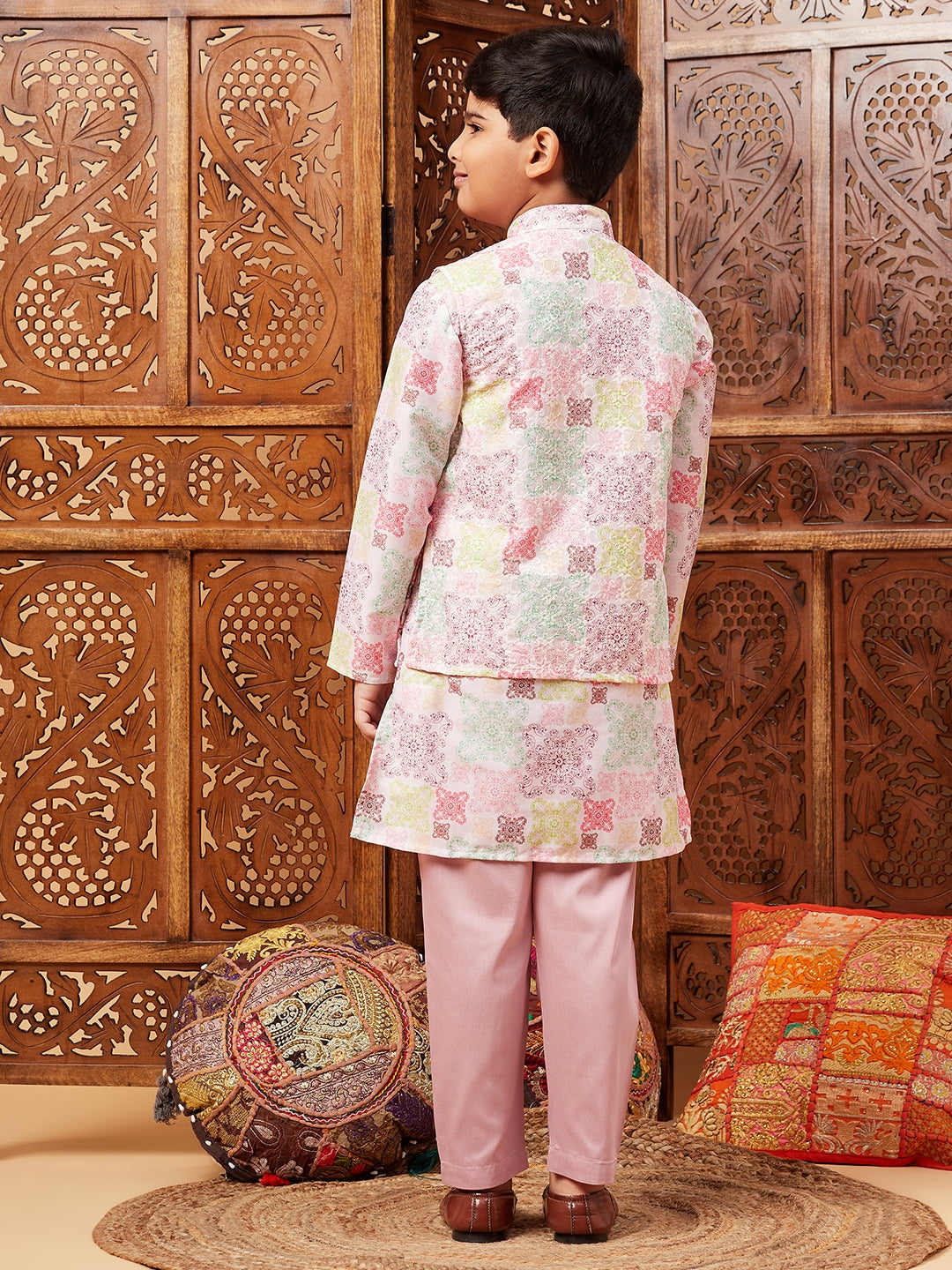 Boys Above Knee Embroidery Kurta Set with Jacket - Multi