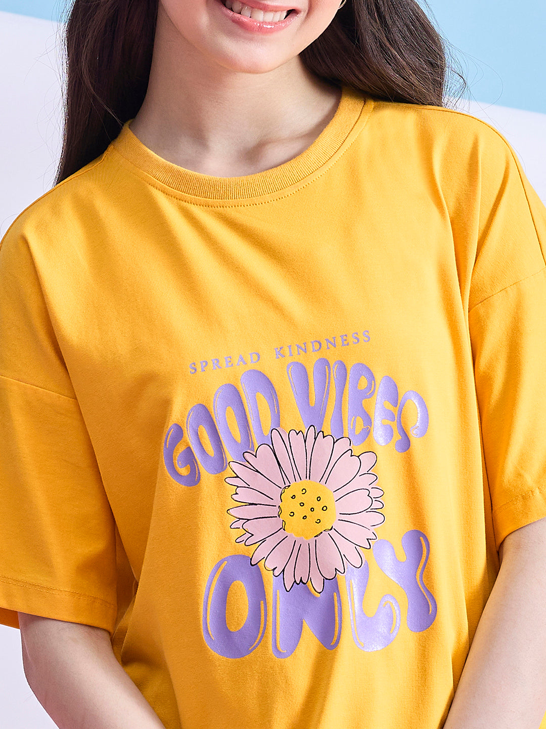 Girls Hip length Printed T-shirt - Yellow