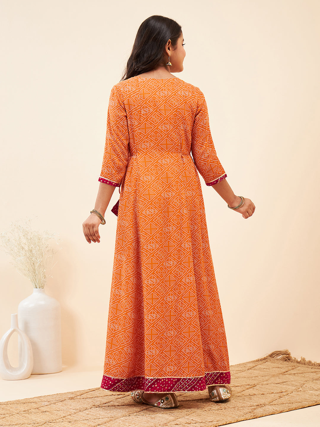 Girls Ankle Length Printed Kurti Set - Orange