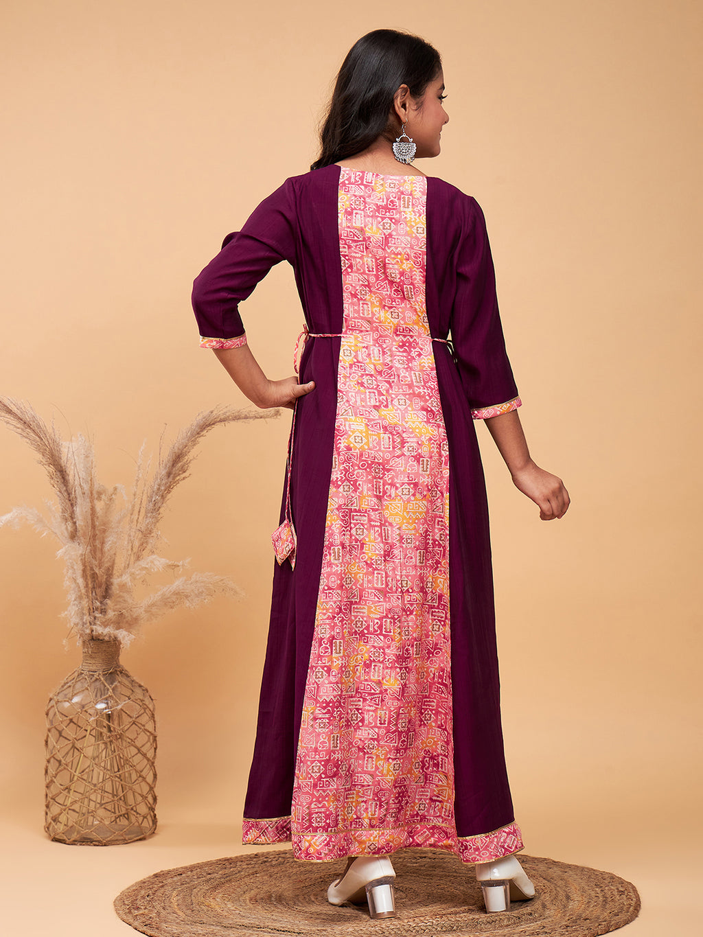 Girls Ankle Length Printed Kurti Set - Purple