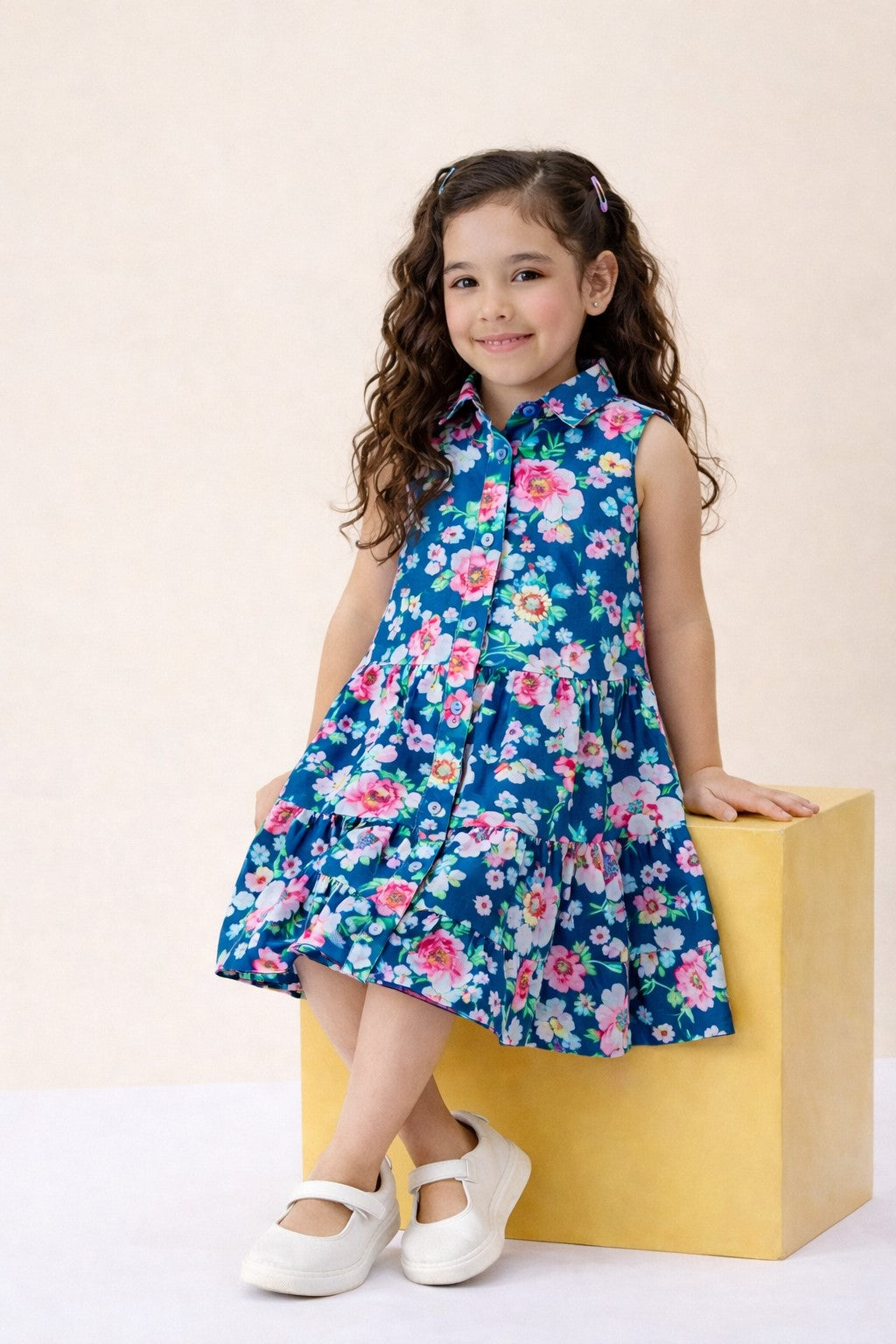 Girls Knee Length All over Print Dress - Blue