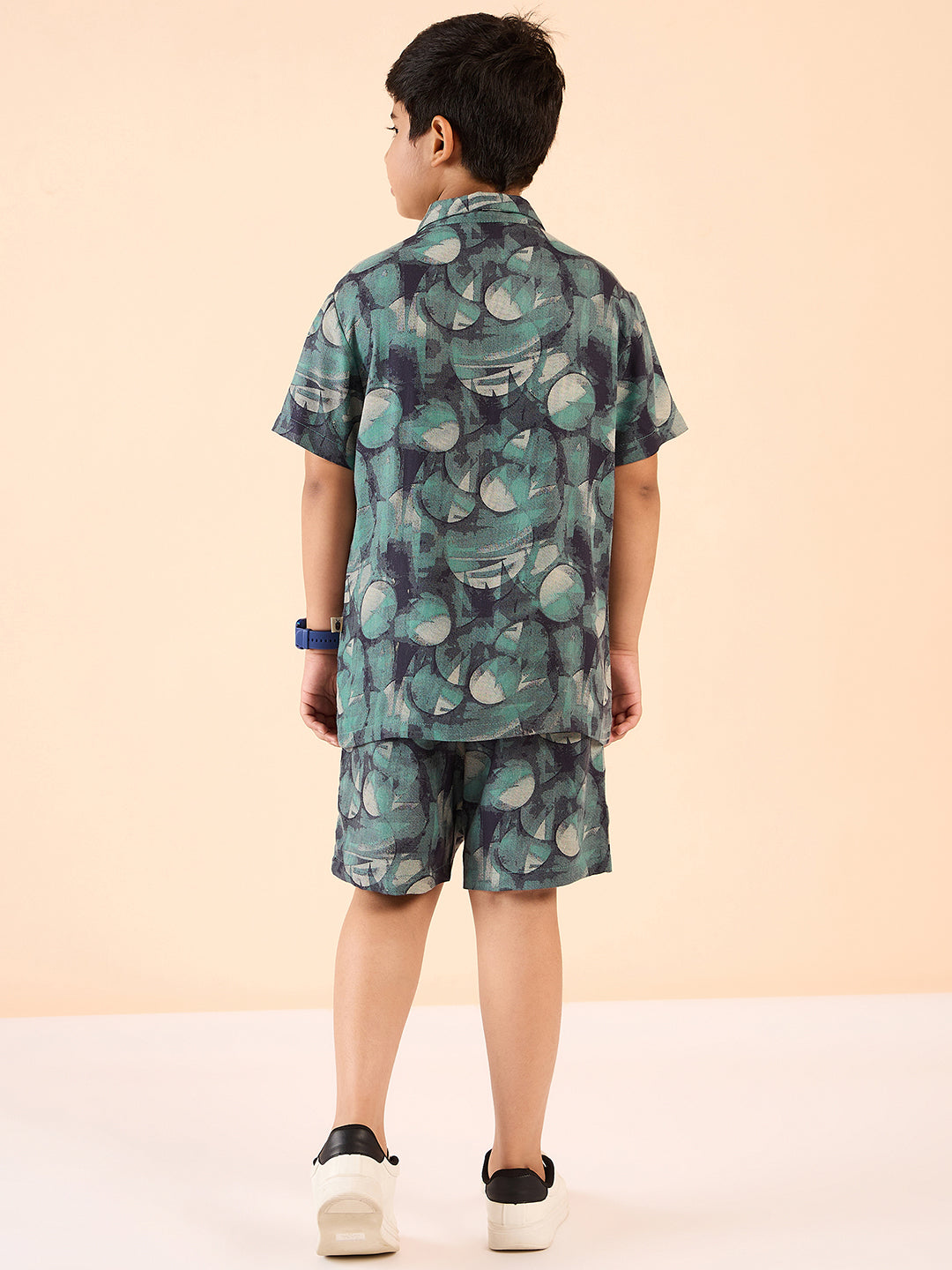 Boys Mid Thigh Printed Shirt with Shorts - Green